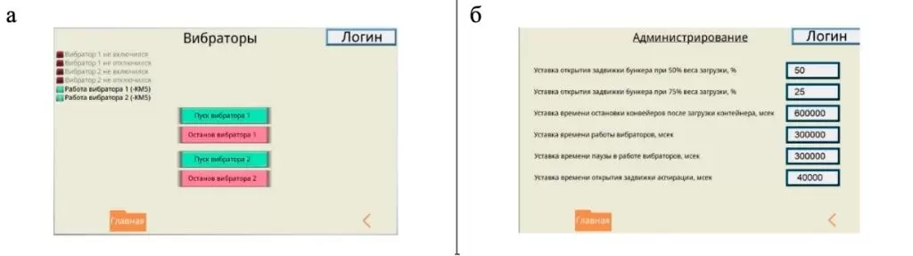 Всплывающее диагностическое окно вибраторов (а); диагностическое окно администрирования (задания уставок) (б) Всплывающее диагностическое окно вибраторов (а); диагностическое окно администрирования (задания уставок) (б)